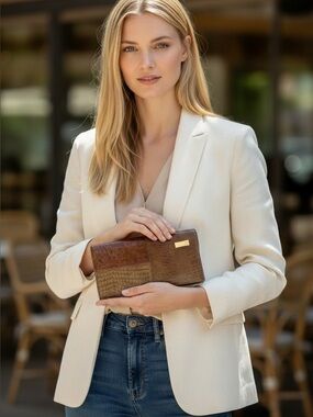 Givenchy Brown Croc-Embossed Leather Clutch with Gold Logo Plaque